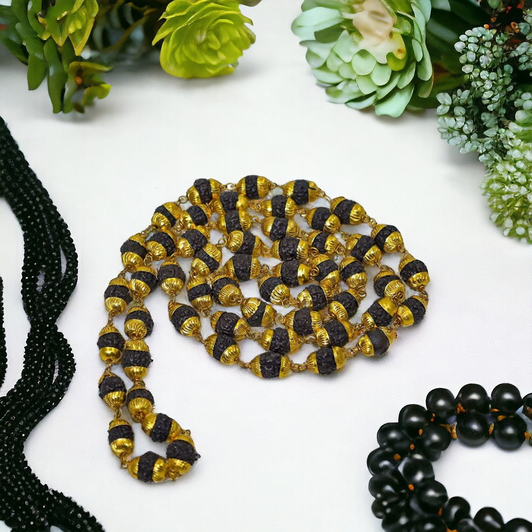 Goodygod Black Rudraksh Mala With Gold Color Capping